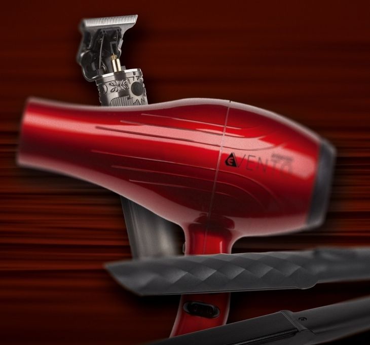 Ein roter Föhn und ein schwarzer Glätteisen